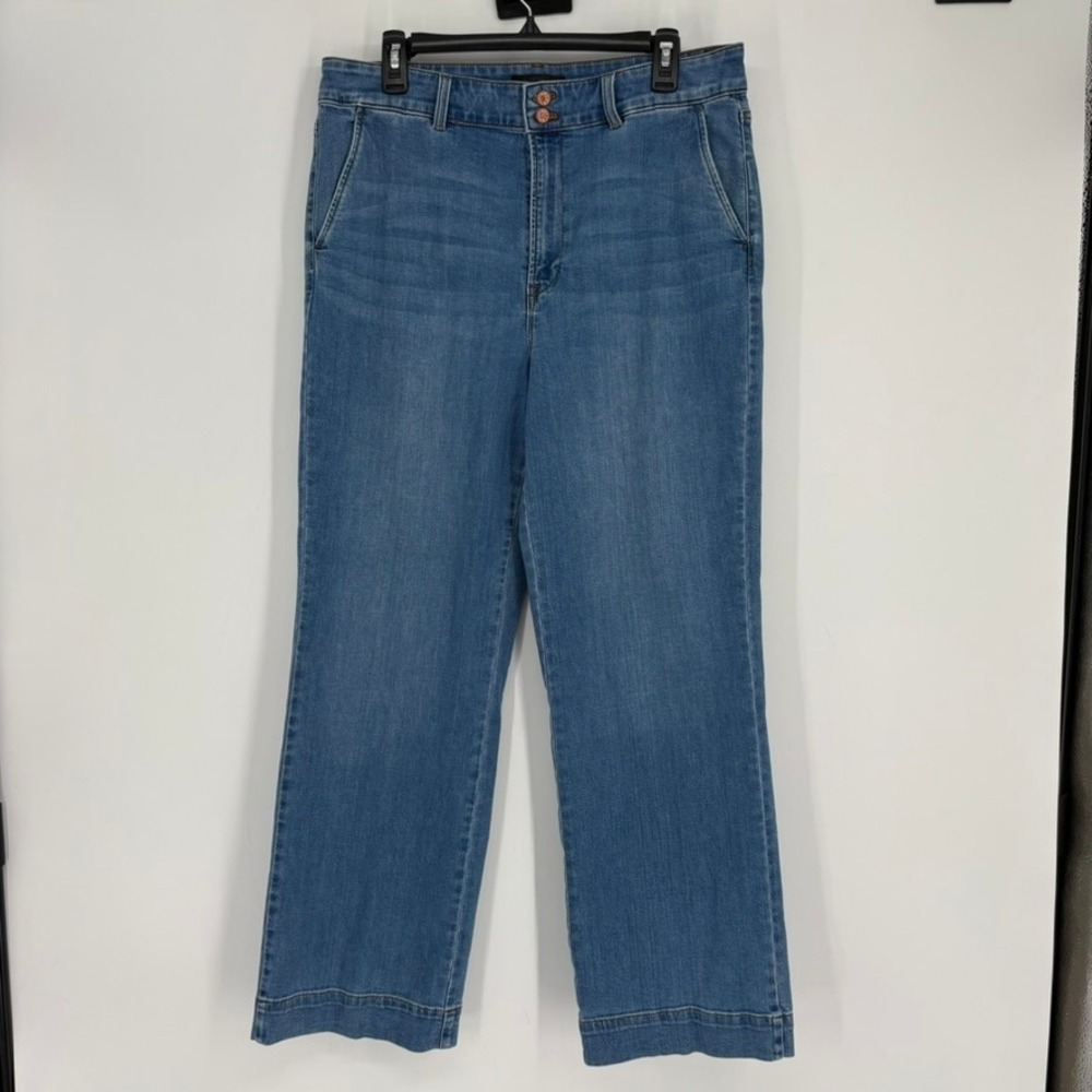 Talbots Jeans Womens 14 Blue Wide Leg High Rise Griffin Button Stretch Denim